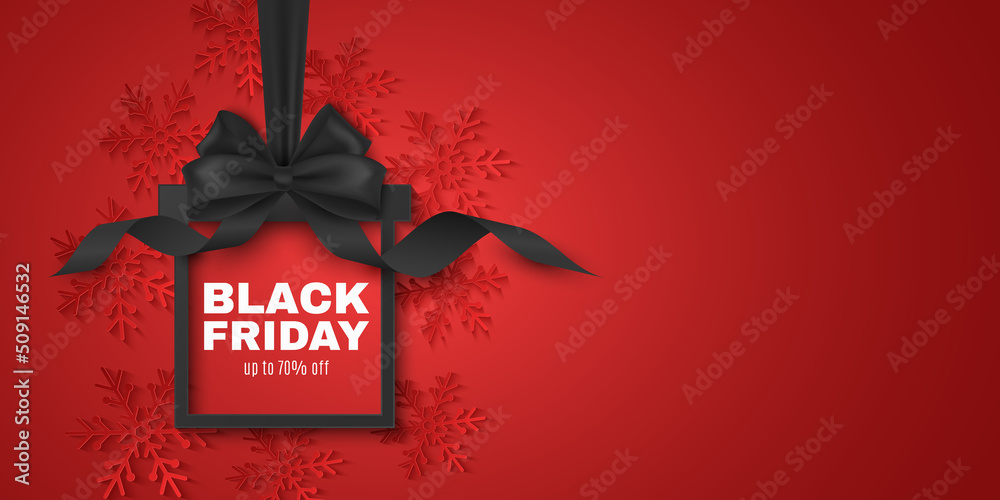 Realistic label of paper box with 3d bow for Black Friday sale. Advertising tag for your business promotions. Decoration of red paper snowflakes. Commercial discount event. Vector illustration - obrazy, fototapety, plakaty 