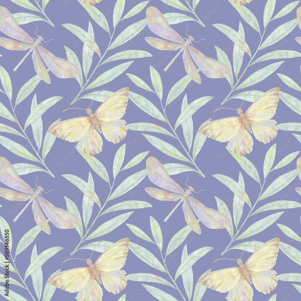 Abstract seamless background of leaves and butterflies for design, fabric, wallpaper, wrapping paper. Graceful botanical drawing. Watercolor illustration processed in a digital program. Abstract seamless background of leaves and butterflies for design, fabric, wallpaper, wrapping paper. Graceful botanical drawing. Watercolor illustration processed in a digital program.