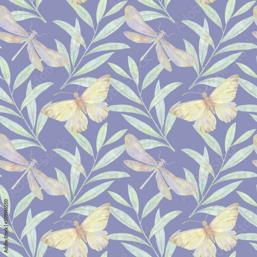Abstract seamless background of leaves and butterflies for design  fabric  wallpaper  wrapping paper. Graceful botanical drawing. Watercolor illustration processed in a digital program.