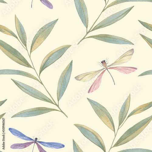 Abstract seamless background of leaves and dragonflies for design  fabric  wallpaper  wrapping paper. Graceful botanical drawing. Watercolor illustration processed in a digital program.