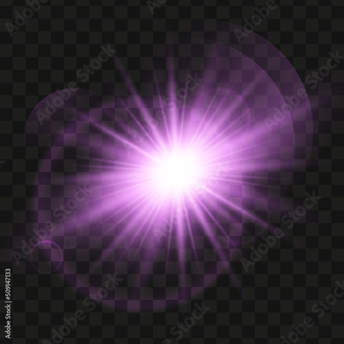Blue glowing light star on a black background. Transparent shining sun, star explodes and bright flash. Purpur bright illustration starburst. 
