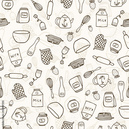 Vector seamless pattern with hand drawn food and kitchen items in doodle style. For feast invitation, fabric, kitchen textile, towel print, cover of cooking book, packaging design, template labels.