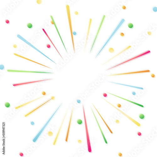 Vector illustration with bright fireworks and confetti on white background. For poster, web or advertising banner, party and festival invitation, greeting card, mailing, newsletter.