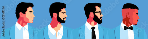 Set of 4 male portrait illustration side view. Silhouette group of multiethnic man who talk and share ideas and information. Young bearded men wearing in white and blue clothing.