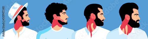 Set of 4 male portrait illustration side view. Silhouette group of multiethnic man who talk and share ideas and information. Young bearded men wearing in white and blue clothing.