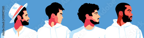 Set of 4 male portrait illustration side view. Silhouette group of multiethnic man who talk and share ideas and information. Young bearded men wearing in white and blue clothing.