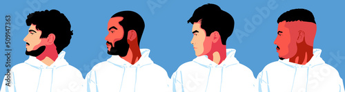 Set of 4 male portrait illustration side view. Silhouette group of multiethnic man who talk and share ideas and information. Young bearded men wearing in white and blue clothing.