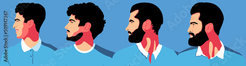 Set of 4 male portrait illustration side view. Silhouette group of multiethnic man who talk and share ideas and information. Young bearded men wearing in white and blue clothing.