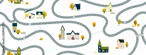 Cartoon childish city . Vector childish seamless pattern with town symbols, houses, buildings, trees, streets. City easy simple drawing map. Vector hand painted illustration.