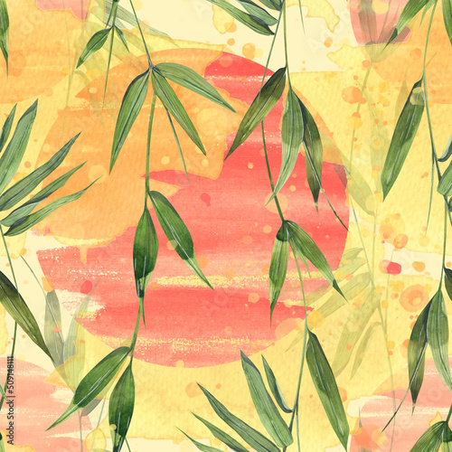 Photography Eastern, red sun in bamboo leaves with yellow spots and splashes of paint