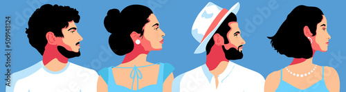 Set of abstract male and female portraits illustration side view. Silhouette group of multiethnic man and woman who talk and share ideas and information. Young bearded men wearing in white and blue cl