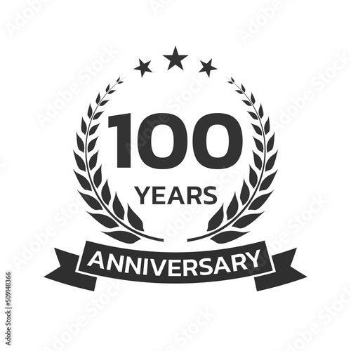 100 years anniversary laurel wreath logo or icon. Jubilee, birthday badge, label or emblem. 100th celebration design element. Vector illustration.
