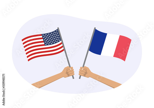 France and USA flags. American and French national symbols with abstract background and geometric shapes. Hand holding waving flag. Vector illustration.