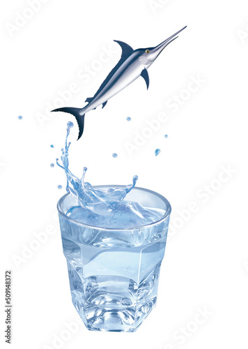 espadon  poisson  sauter    vasion  eau  en verre  boire  clapoter  liquide  isol    froid  boisson  glace  blanc  bouillonner  frais  abattre  bleu    claboussure  clair  sain  verser  transparent  prop