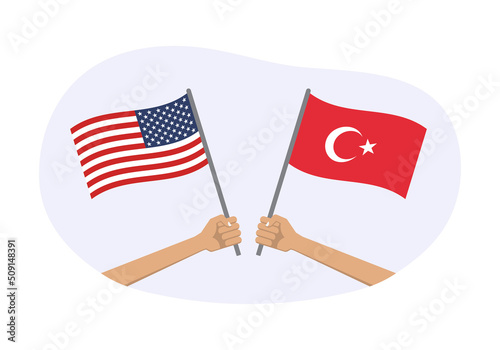 USA and Turkey flags. Turkish and American national symbols with abstract background and geometric shapes. Hand holding waving flag. Vector illustration.
