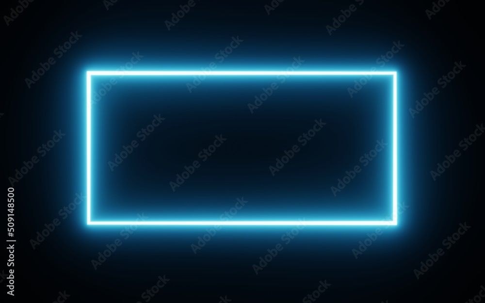 Square rectangle picture frame with blue tone neon color motion graphic on isolated black background. Blue light moving for overlay element. 3D illustration rendering. Empty copy space middle - obrazy, fototapety, plakaty 
