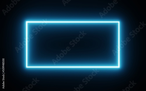 Square rectangle picture frame with blue tone neon color motion graphic on isolated black background. Blue light moving for overlay element. 3D illustration rendering. Empty copy space middle