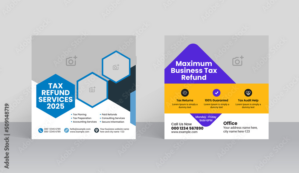 Income tax preparation social media post template. Tax return service banner design Income tax preparation social media post template. Tax return service banner design