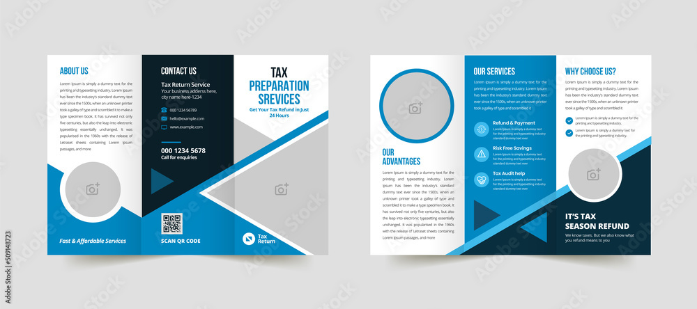 Income tax trifold brochure template. Tax return service brochure cover the design layout Income tax trifold brochure template. Tax return service brochure cover the design layout