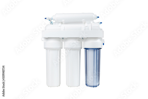Cuadro en lienzo White and blue water filtration osmosis system with a carbon filter for clear wa