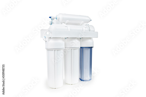 White and blue water filtration osmosis system with a carbon filter for clear water shot on a white background