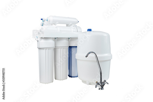 White and blue water filtration osmosis system with a carbon filter for clear water shot on a white background