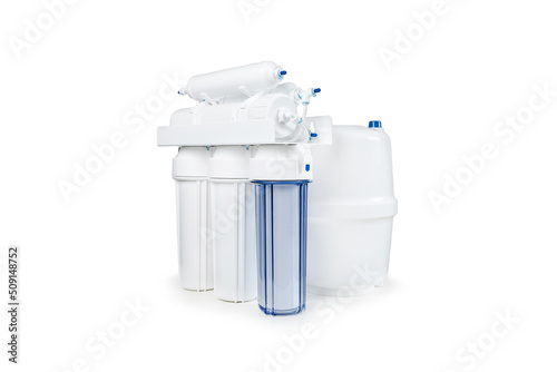 White and blue water filtration with reverse osmosis system with a carbon filter for clear water shot on a white background