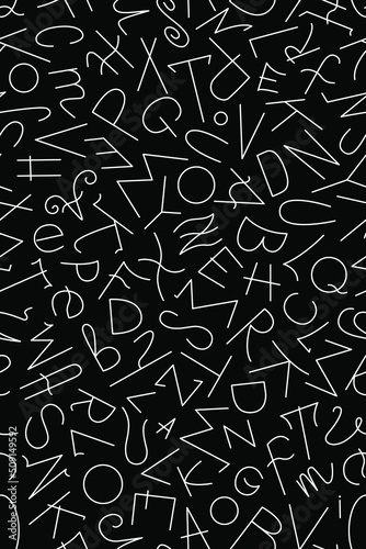 Seamless vector pattern with chaotic letters of Latin alphabet. 