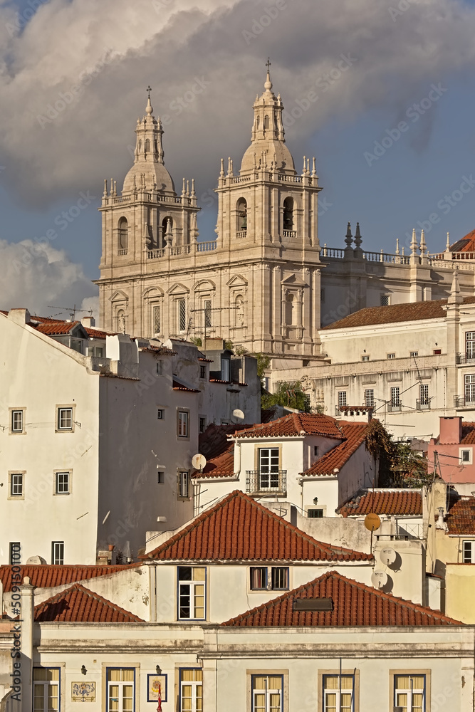 Graca church and houses on a hill in the city of Lisbon, Portugal.