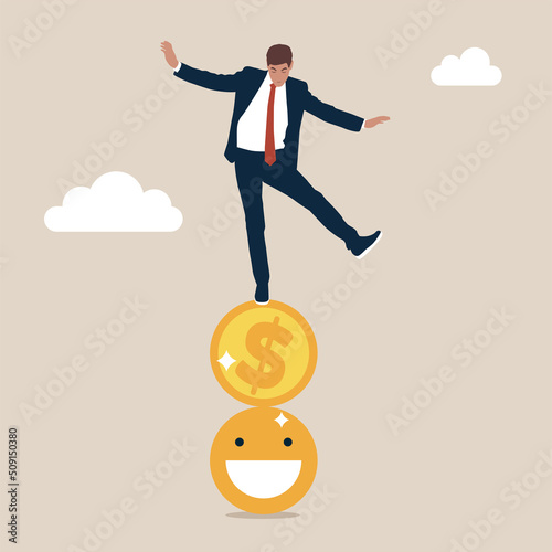 Entrepreneur balancing himself on stack of smile face and dollar coin. Balance between money and happiness, wealth and health, choosing meaningful life and real success.