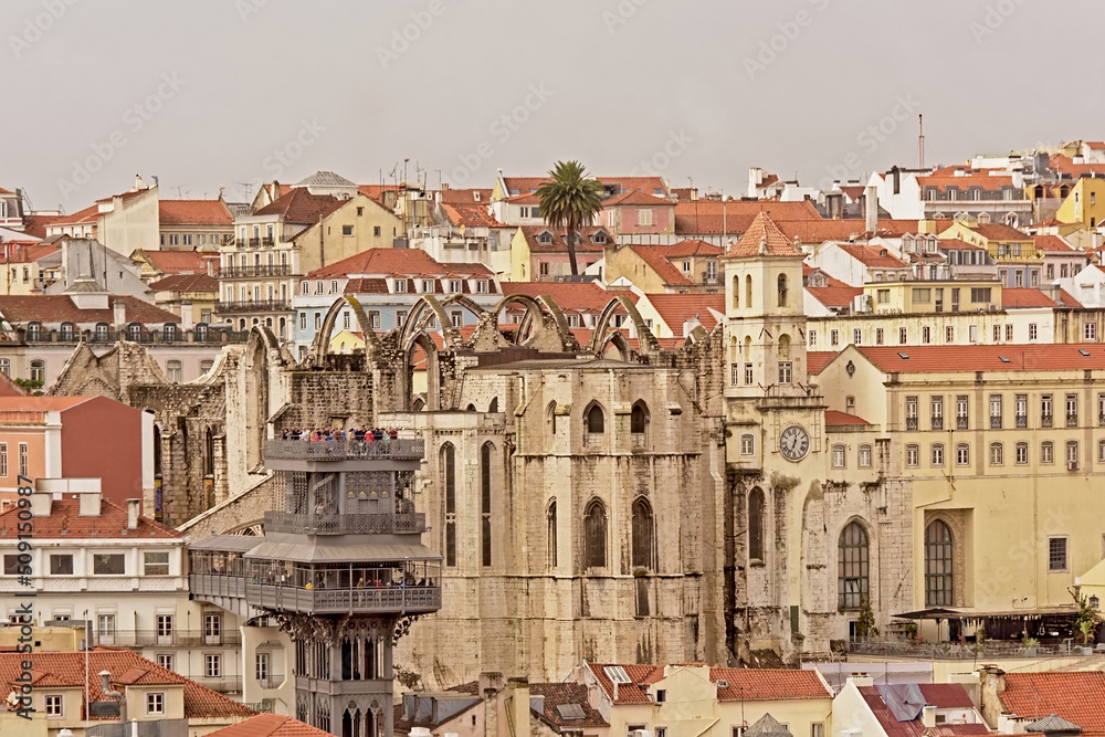 Ruins of the curch of the Carmo convent and Santa Justa elevator, lisbon, portugal