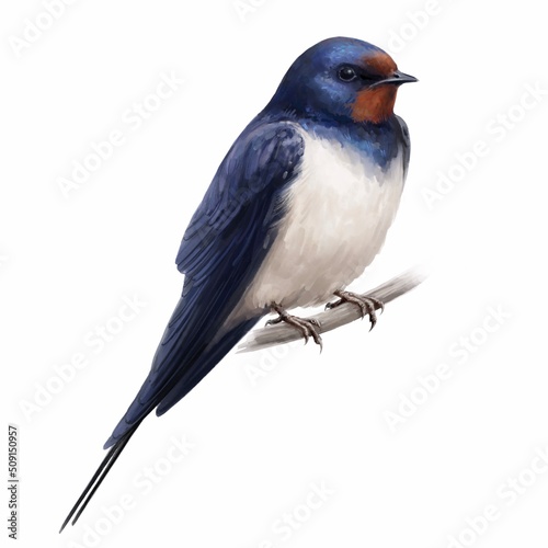 Swallow on a branch. Watercolour illustration of a swallow bird. Idea for educational books, postcards, stickers, tattoo. © Mitart