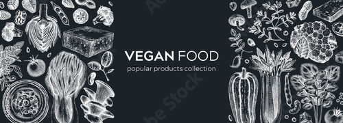 Vegan food banner on chalkboard. Healthy food background. Middle eastern cuisine frame. Hand drawn vegan meals and ingredients for menu, recipe, packaging design. Vegan food illustration