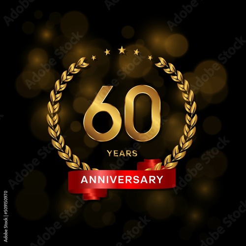 60 years anniversary logo with golden  laurel and red ribbon for booklet, leaflet, magazine, brochure poster, banner, web, invitation or greeting card. Vector illustrations.