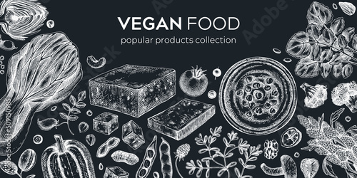Vegan food banner on chalkboard. Healthy food background. Middle eastern cuisine frame. Hand drawn vegan meals and ingredients for menu, recipe, packaging design. Vegan food illustration