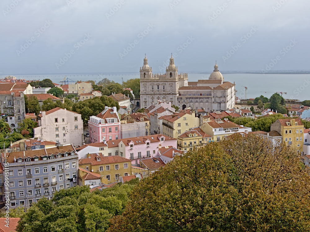 High angle view on Alfama district and Sao Vicente church, Lisbon