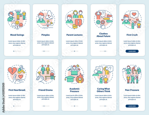 Teenage social and emotional issues onboarding mobile app screen set. Walkthrough 5 steps editable graphic instructions with linear concepts. UI, UX, GUI template. Myriad Pro-Bold, Regular fonts used