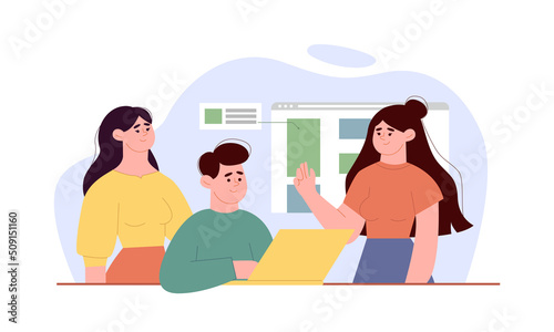 Developers team web coding with people characters. Teamwork scene. Vector illustration with flat character design for website and mobile site.