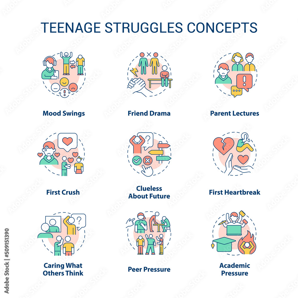 Teenage struggles concept icons set. Major problems facing adolescent idea thin line color illustrations. Peer pressure. Isolated symbols. Editable stroke. Roboto-Medium, Myriad Pro-Bold fonts used