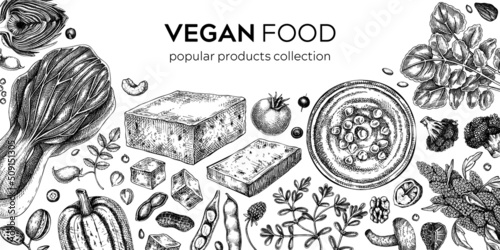 Vegan food sketched background. Healthy food banner template. Middle eastern cuisine frame. Hand drawn vegan meals and ingredients for menu, recipe, packaging design. Vegan food illustration
