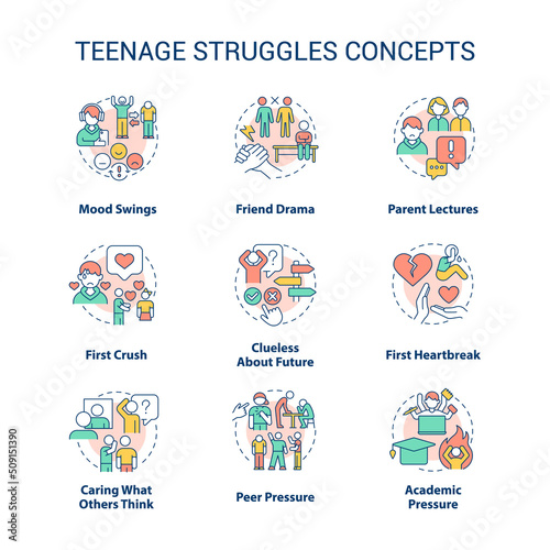 Teenage struggles concept icons set. Major problems facing adolescent idea thin line color illustrations. Peer pressure. Isolated symbols. Editable stroke. Roboto-Medium, Myriad Pro-Bold fonts used