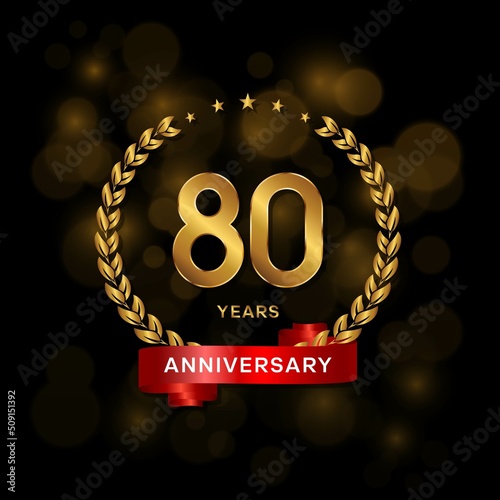 80 years anniversary logo with golden  laurel and red ribbon for booklet, leaflet, magazine, brochure poster, banner, web, invitation or greeting card. Vector illustrations.