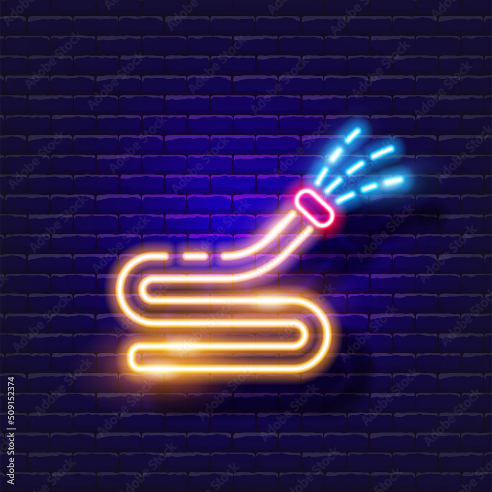 Irrigation hose neon icon. Gardening and agriculture concept. Vector sign for design, website, signboard, banner, advertisement. Irrigation hose neon icon. Gardening and agriculture concept. Vector sign for design, website, signboard, banner, advertisement.
