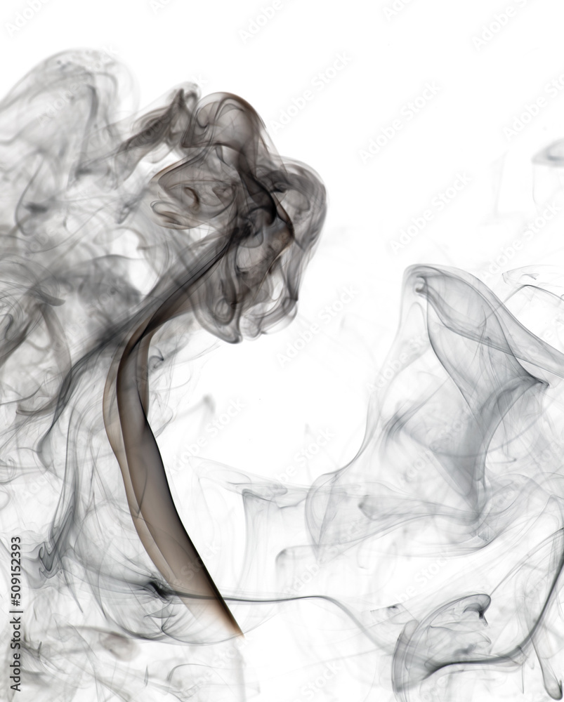 Fototapeta premium Puffs and curls of dark smoke on a white background rising from a burning stick