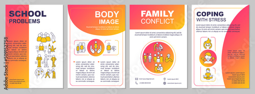 Teenage problems red gradient brochure template. Negative body image. Leaflet design with linear icons. 4 vector layouts for presentation, annual reports. Arial, Myriad Pro-Regular fonts used