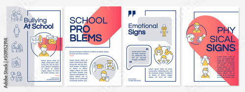 Detecting bullying in school red and grey brochure template. Leaflet design with linear icons. Editable 4 vector layouts for presentation, annual reports. Questrial, Lato-Regular fonts used