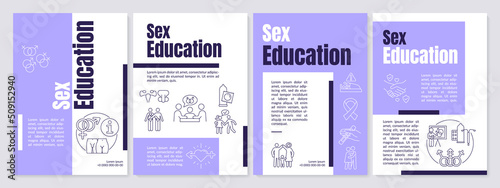 Sex education explanation purple brochure template. Bodily development. Leaflet design with linear icons. Editable 4 vector layouts for presentation, annual reports. Anton, Lato-Regular fonts used