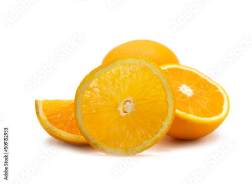 fresh orange fruit slices isolated on white background.