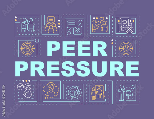 Peer influence word concepts dark purple banner. Low self esteem. Infographics with editable icons on color background. Isolated typography. Vector illustration with text. Arial-Black font used