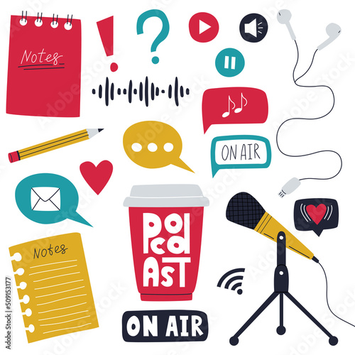 A set of elements symbolizing listening to a podcast, radio show, online show. Microphone, coffee cup, earphones, pencil, note paper. Color flat vector illustrations isolated on a white background